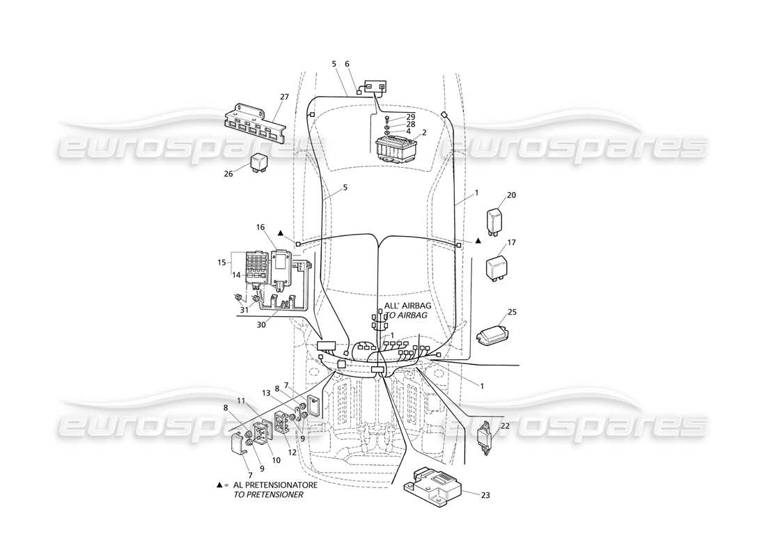 maserati qtp v6 evoluzione élect. système : diagramme des pièces du tableau de bord et de la batterie