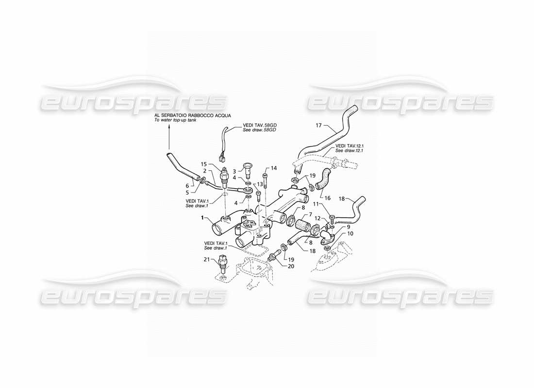 maserati qtp v8 (1998) schéma des pièces des tuyaux de refroidissement du moteur et du thermostat (rhd)