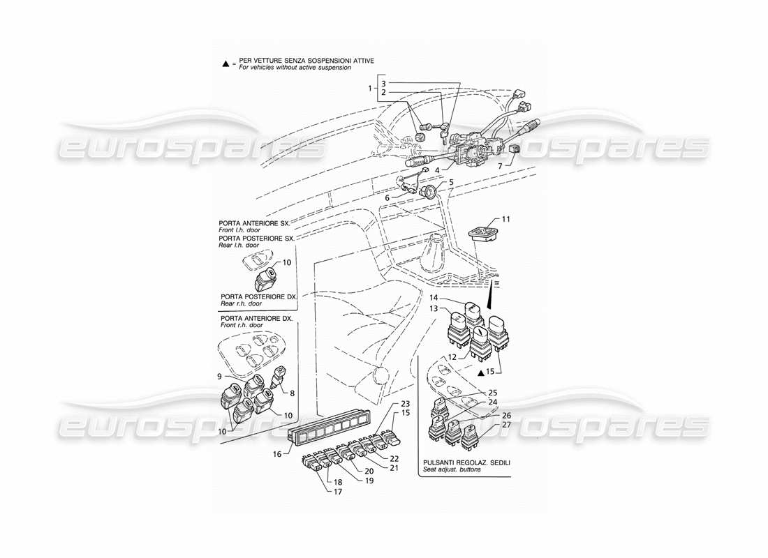 maserati qtp v8 (1998) commutateurs et verrouillage de direction (rhd) schéma des pièces