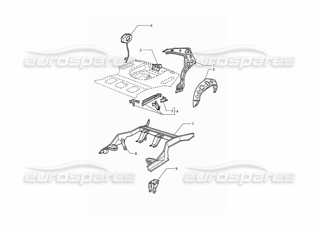 maserati qtp v6 (1996) coque de carrosserie : diagramme des pièces de la structure extérieure arrière