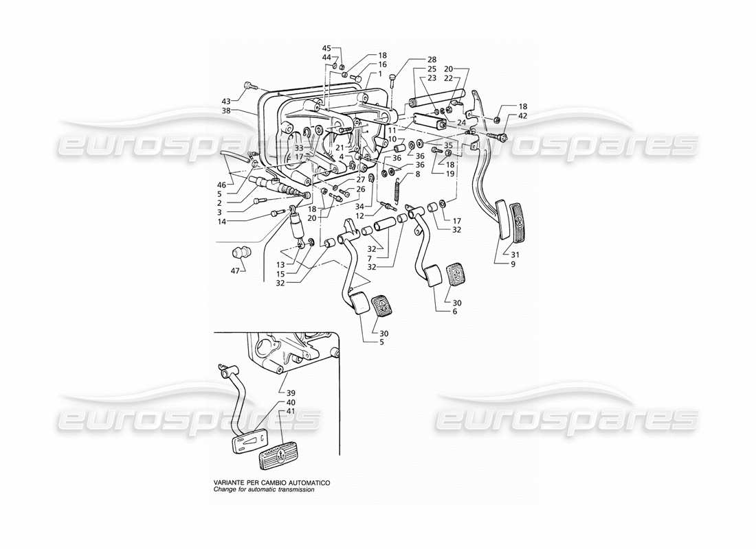 maserati qtp v8 (1998) schéma des pièces de l'ensemble de pédale et de la pompe d'embrayage (rhd)
