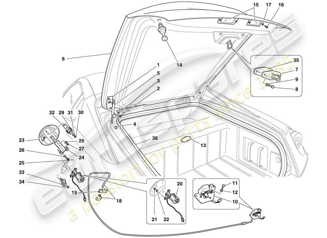 ferrari 599 sa aperta (europe) couvercle de coffre à bagages et trappe de remplissage de carburant schéma des pièces