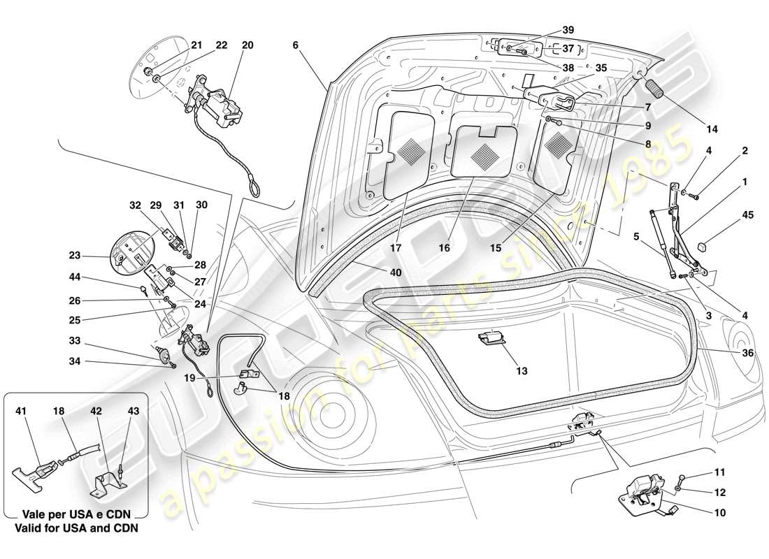 ferrari 599 gtb fiorano (usa) couvercle de coffre à bagages et trappe de remplissage de carburant schéma des pièces