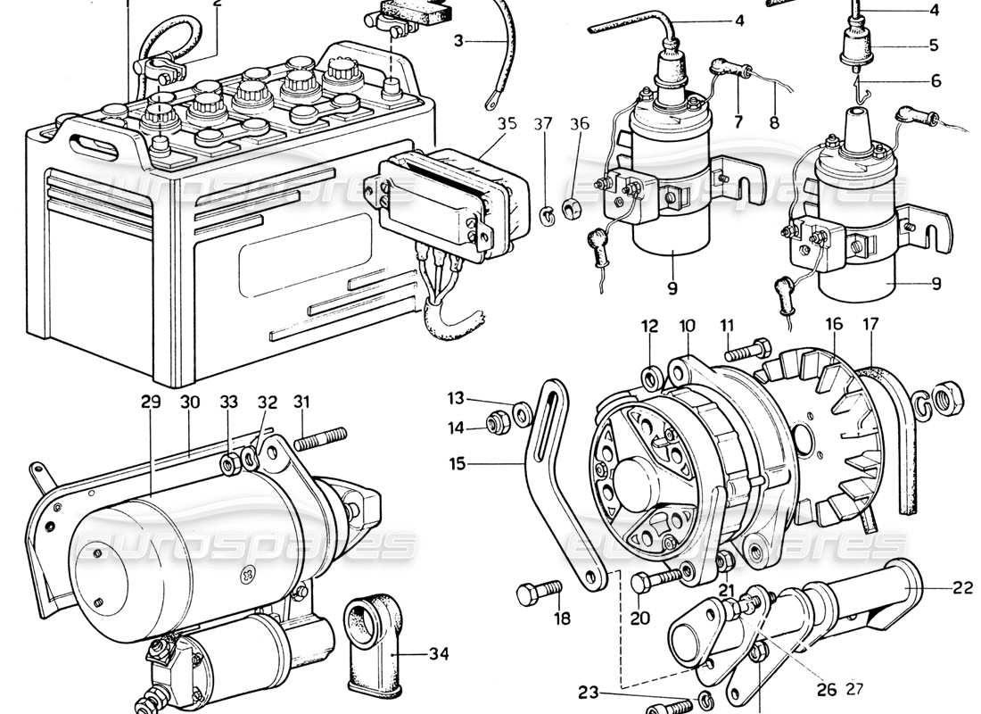 ferrari 365 gtb4 daytona (1969) diagramme de pièces du générateur, des bobines d'accumulateur et du démarreur (révision 1974)