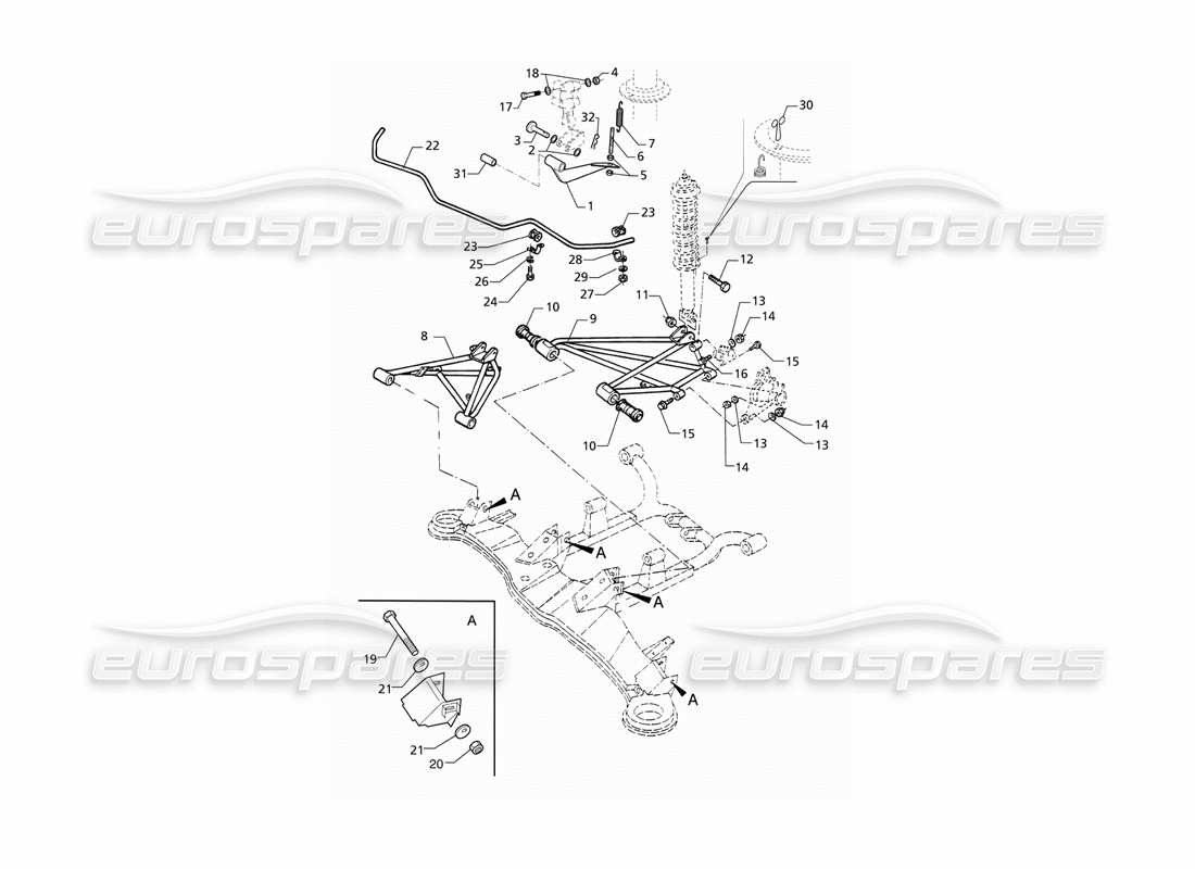 maserati qtp v8 (1998) (pré-mod) suspension arrière avec diagramme de pièce de barre anti-roulis