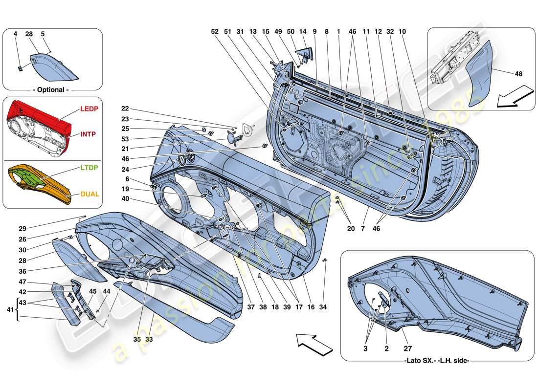 ferrari california t (rhd) portes - sous-structure et garniture schéma des pièces