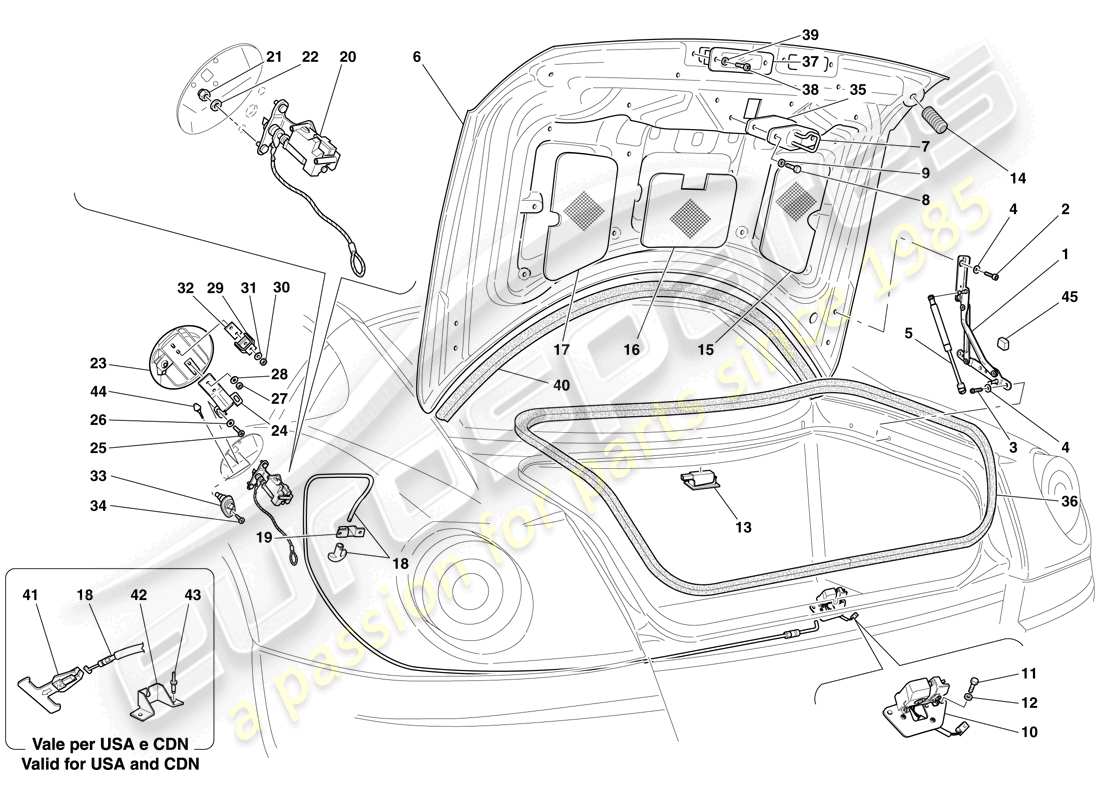 ferrari 599 gto (usa) couvercle de coffre à bagages et trappe de remplissage de carburant schéma des pièces