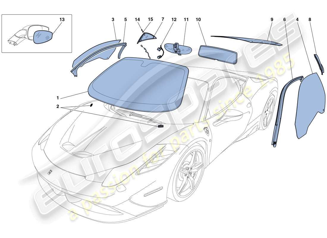 ferrari 458 speciale (rhd) écrans, fenêtres et joints schéma des pièces
