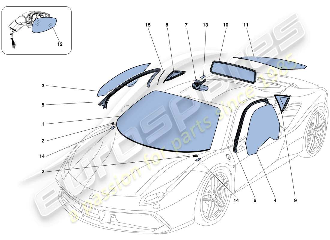 ferrari 488 gtb (europe) écrans, fenêtres et joints schéma des pièces