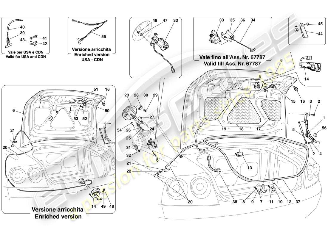 ferrari 612 scaglietti (usa) couvercle de coffre à bagages et trappe de remplissage de carburant schéma des pièces