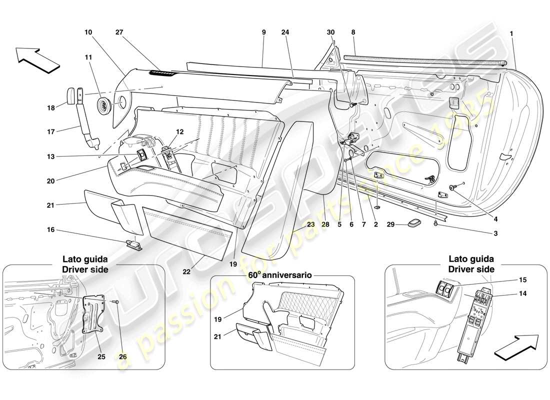 ferrari 612 scaglietti (rhd) portes - sous-structure et garniture schéma des pièces