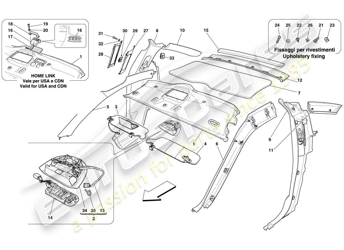 ferrari 599 gtb fiorano (usa) garniture de pavillon et accessoires schéma des pièces