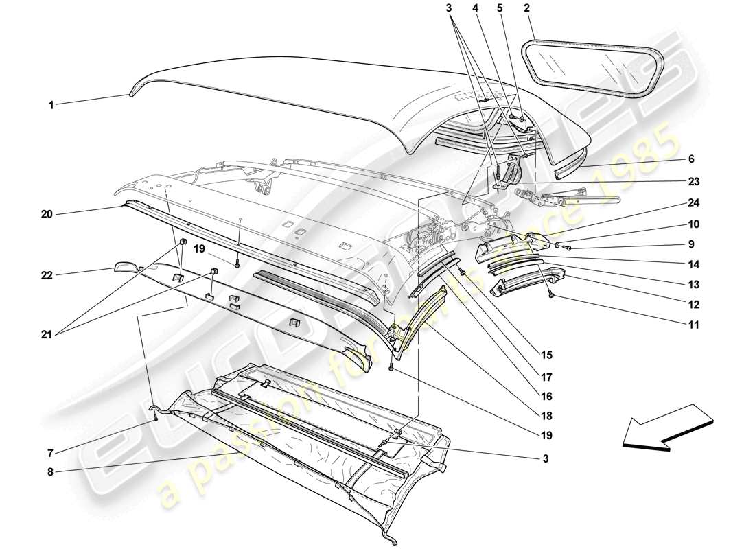 ferrari f430 scuderia (europe) toile de toit - joints - moulures schéma des pièces