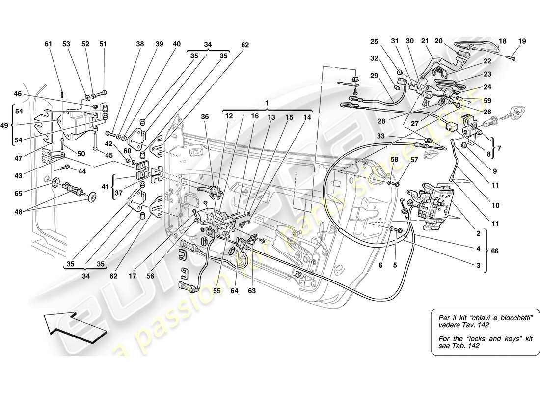 ferrari f430 coupe (rhd) portes - mécanisme d'ouverture et charnières schéma des pièces