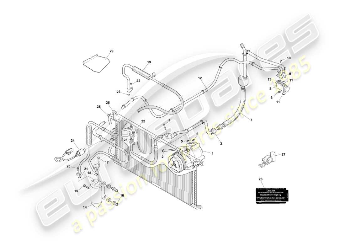 aston martin db7 vantage (1999) schéma des pièces d'installation du compartiment moteur