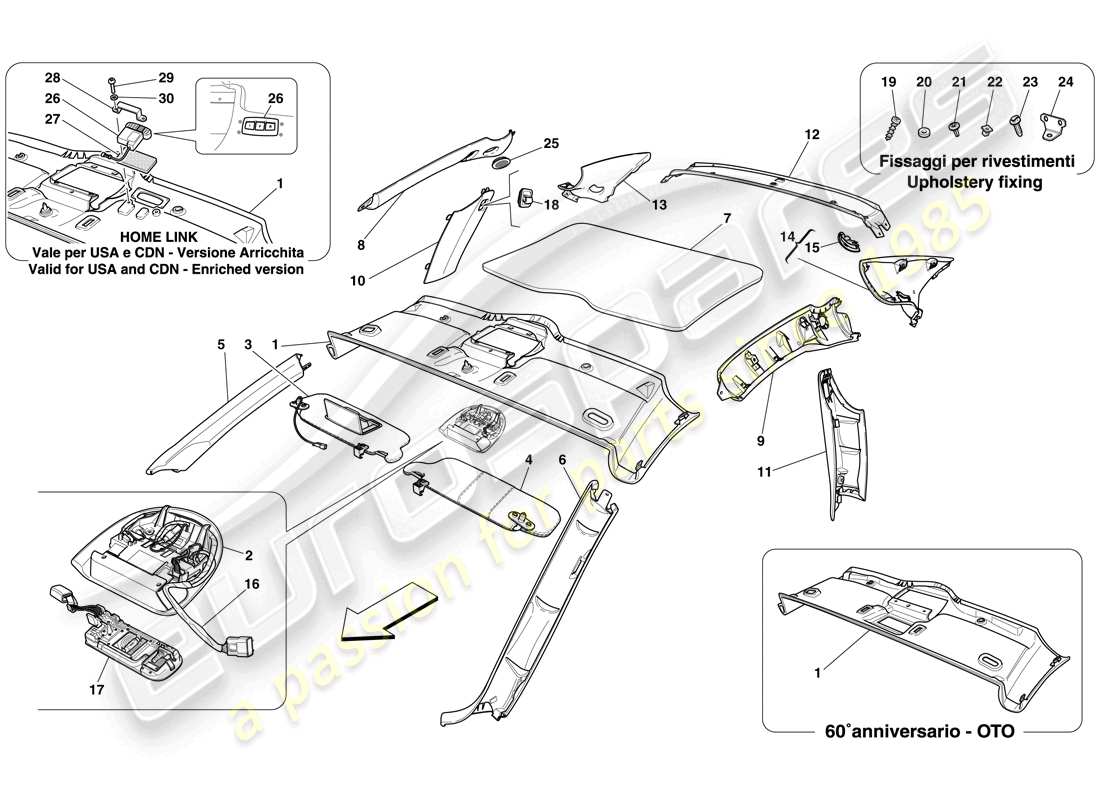 ferrari 612 scaglietti (usa) garniture de pavillon et accessoires schéma des pièces