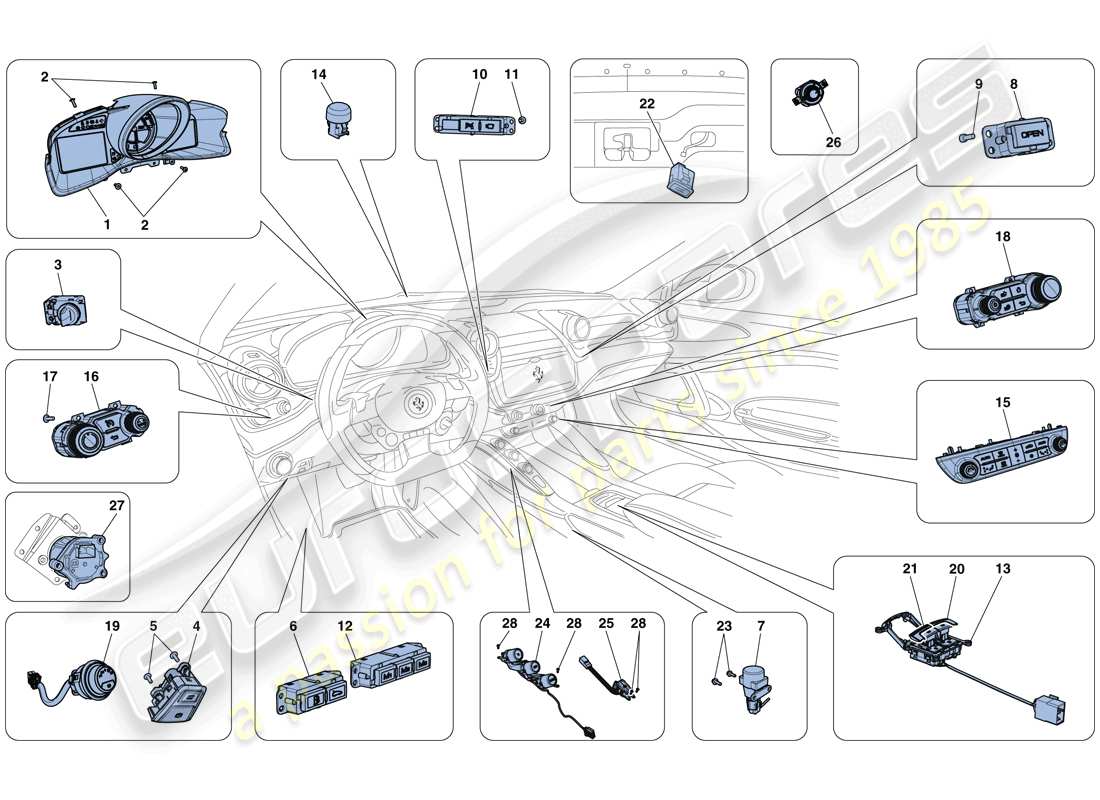 ferrari gtc4 lusso t (europe) tableau de bord et instruments pour tunnel schéma des pièces