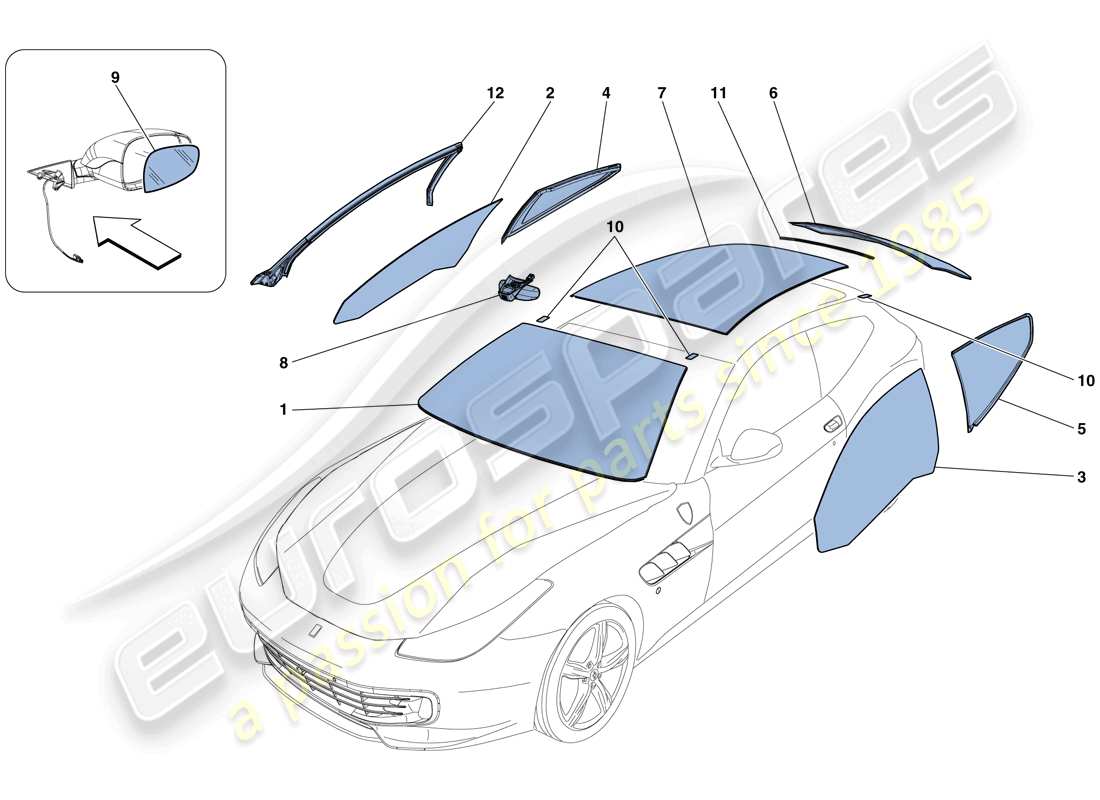 ferrari gtc4 lusso t (rhd) écrans, fenêtres et joints schéma des pièces