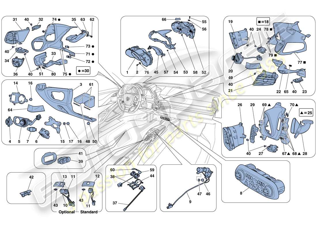 ferrari 458 italia (usa) tableau de bord et instruments de tunnel schéma des pièces