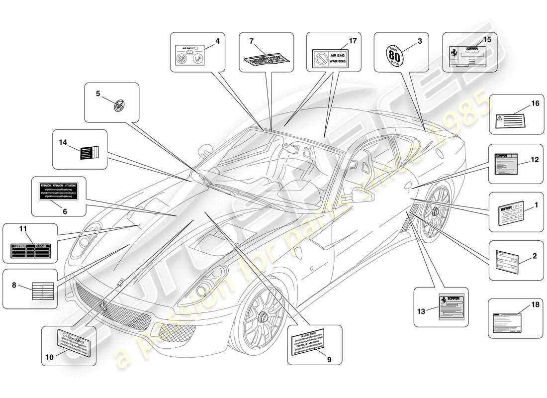 ferrari 599 gto (usa) étiquettes et plaques adhésives schéma des pièces