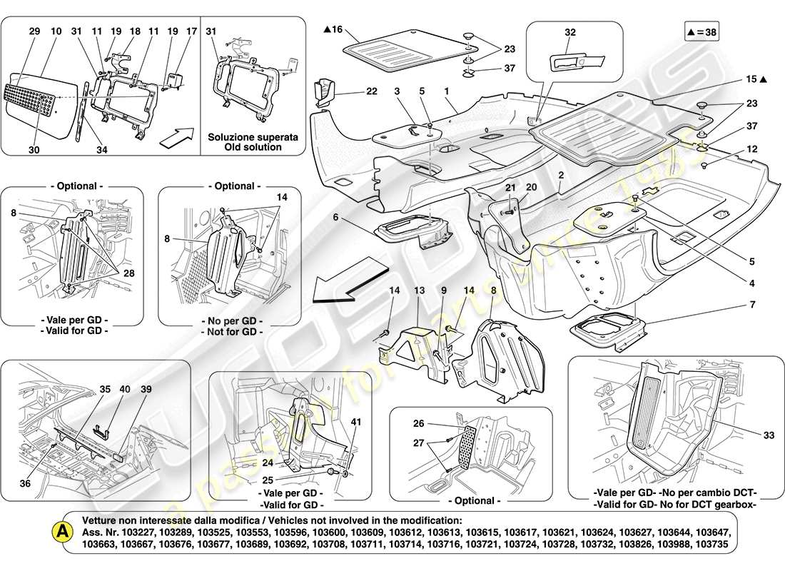 ferrari california (usa) tapis d'habitacle schéma des pièces