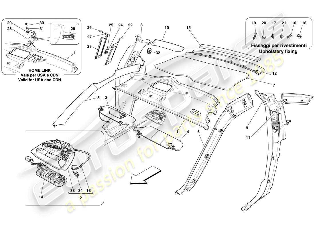 ferrari 599 gto (usa) garniture de pavillon et accessoires schéma des pièces
