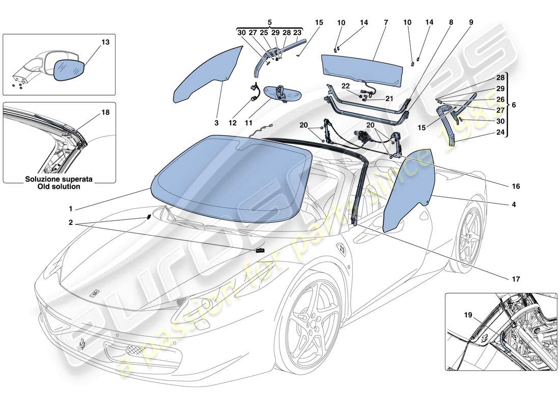 ferrari 458 spider (rhd) écrans, fenêtres et joints schéma des pièces