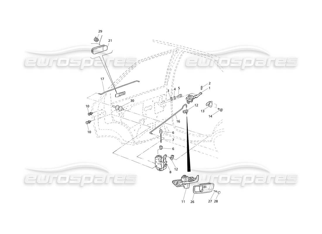 maserati qtp v6 evoluzione portes arrière : schéma des pièces des charnières et des commandes intérieures