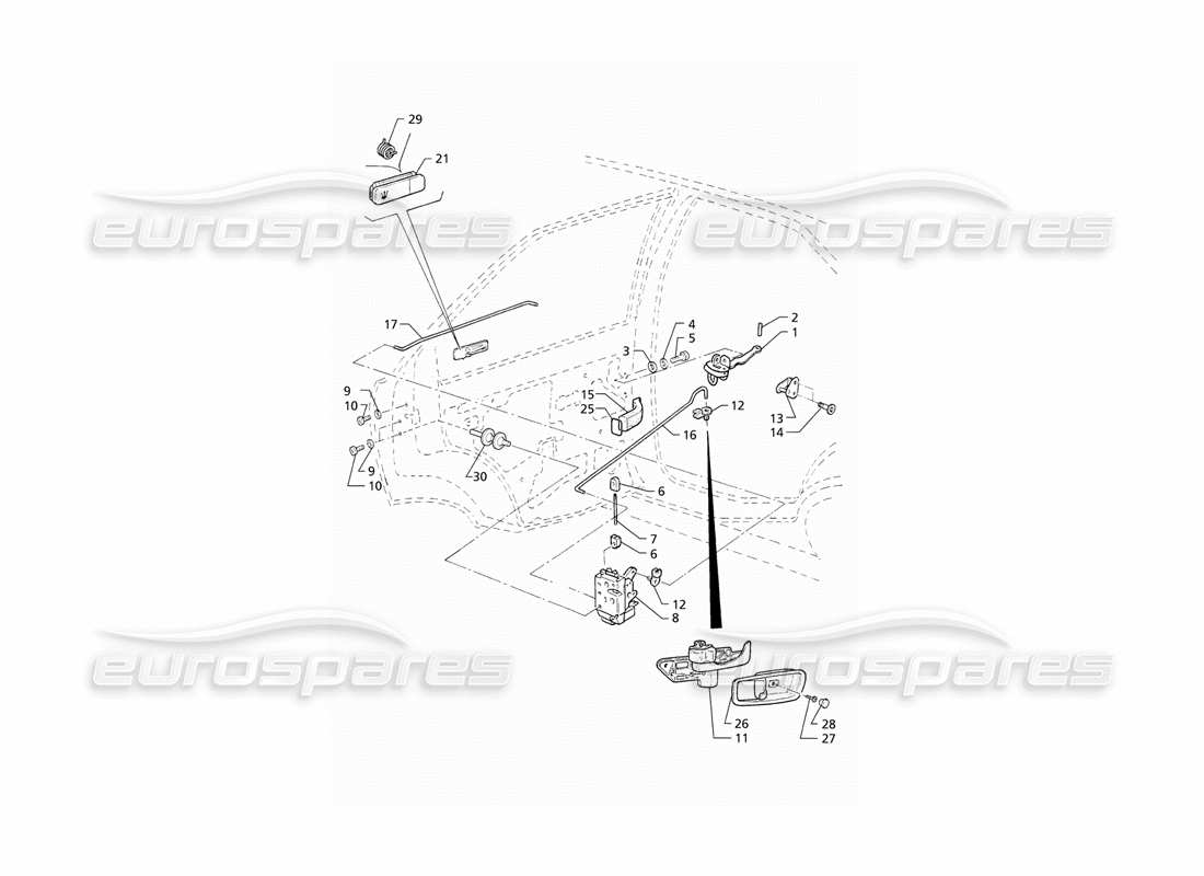 maserati qtp v6 (1996) portes arrière : schéma des pièces des charnières et des commandes intérieures