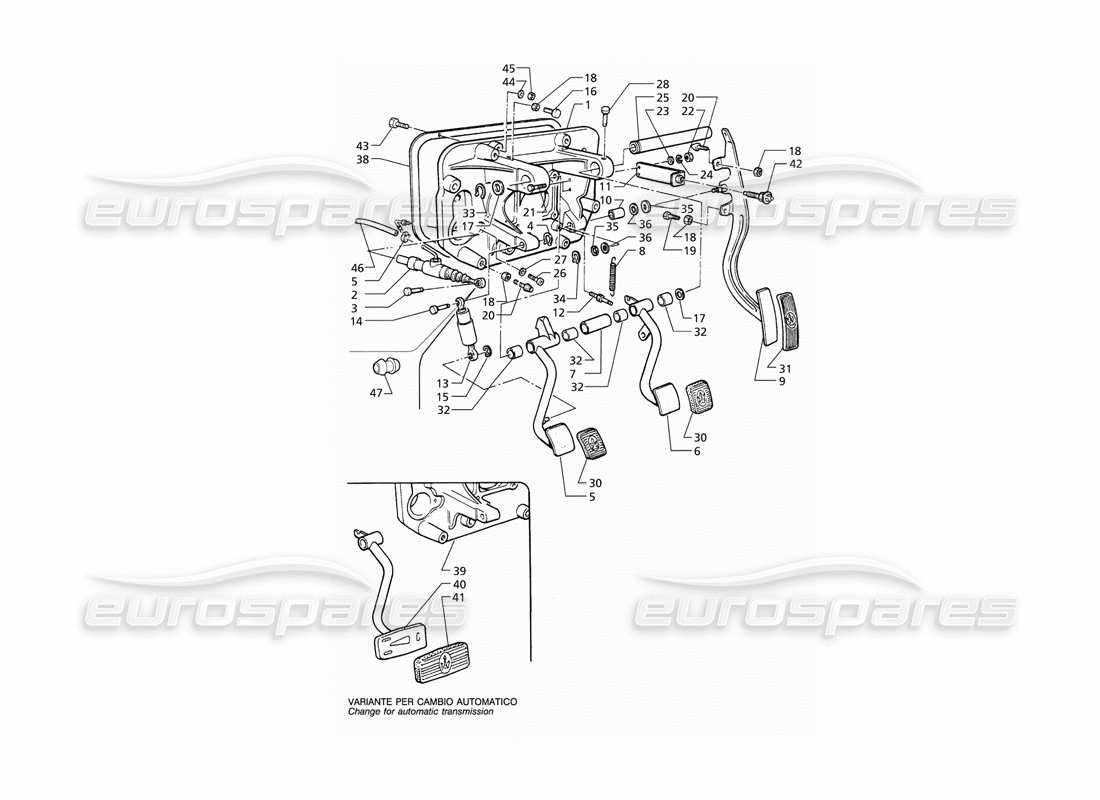 maserati qtp v6 (1996) schéma des pièces de l'ensemble de pédale et de la pompe d'embrayage (rhd)