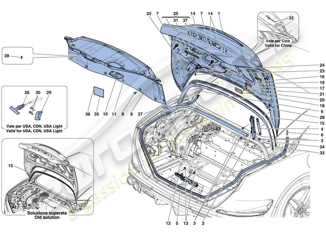 ferrari california t (europe) couvercle arrière et mécanisme d'ouverture schéma des pièces