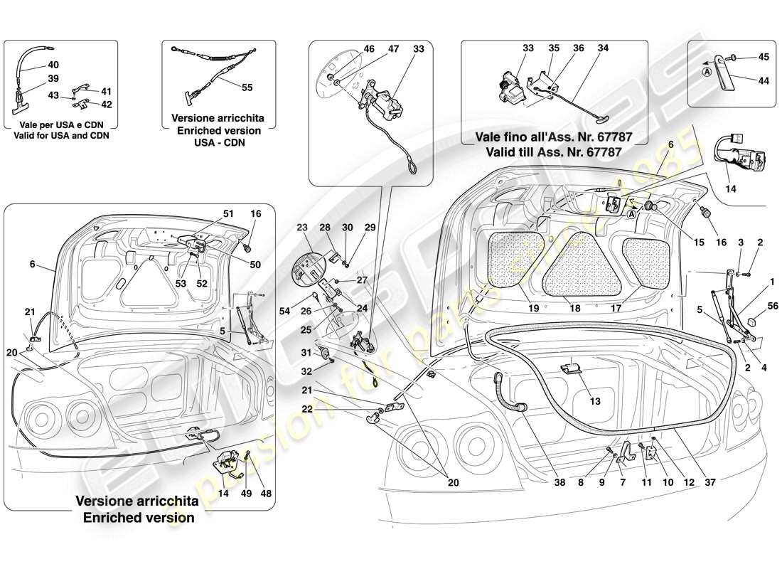 ferrari 612 scaglietti (rhd) couvercle de coffre à bagages et trappe de remplissage de carburant schéma des pièces