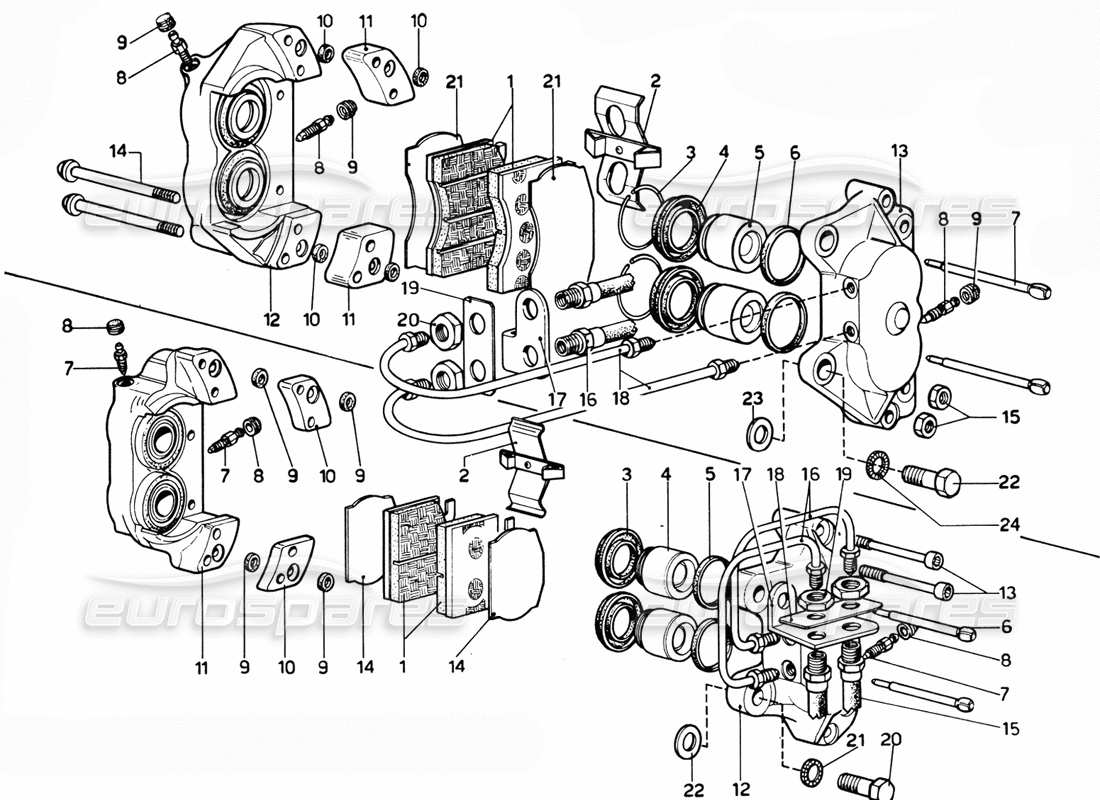 ferrari 365 gtc4 (mechanical) étriers de frein avant et arrière - schéma des pièces de révision