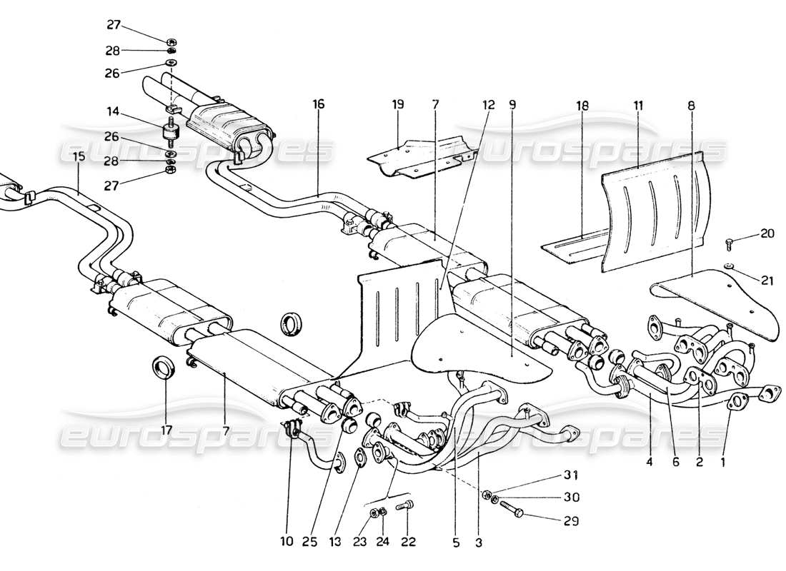 ferrari 365 gtc4 (mechanical) système d'échappement - schéma des pièces de révision