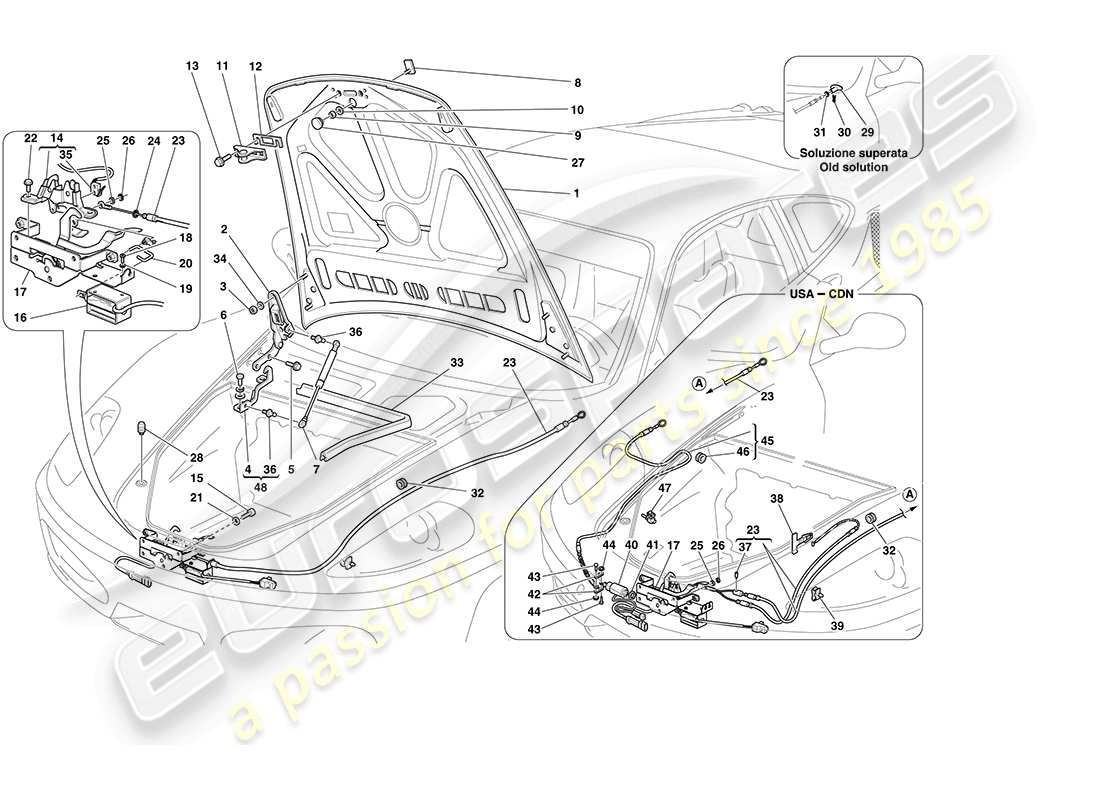 ferrari f430 coupe (usa) couvercle avant et mécanisme d'ouverture schéma des pièces