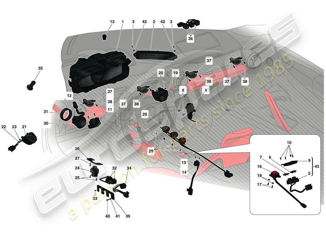 ferrari laferrari (usa) tableau de bord et instruments de tunnel schéma des pièces