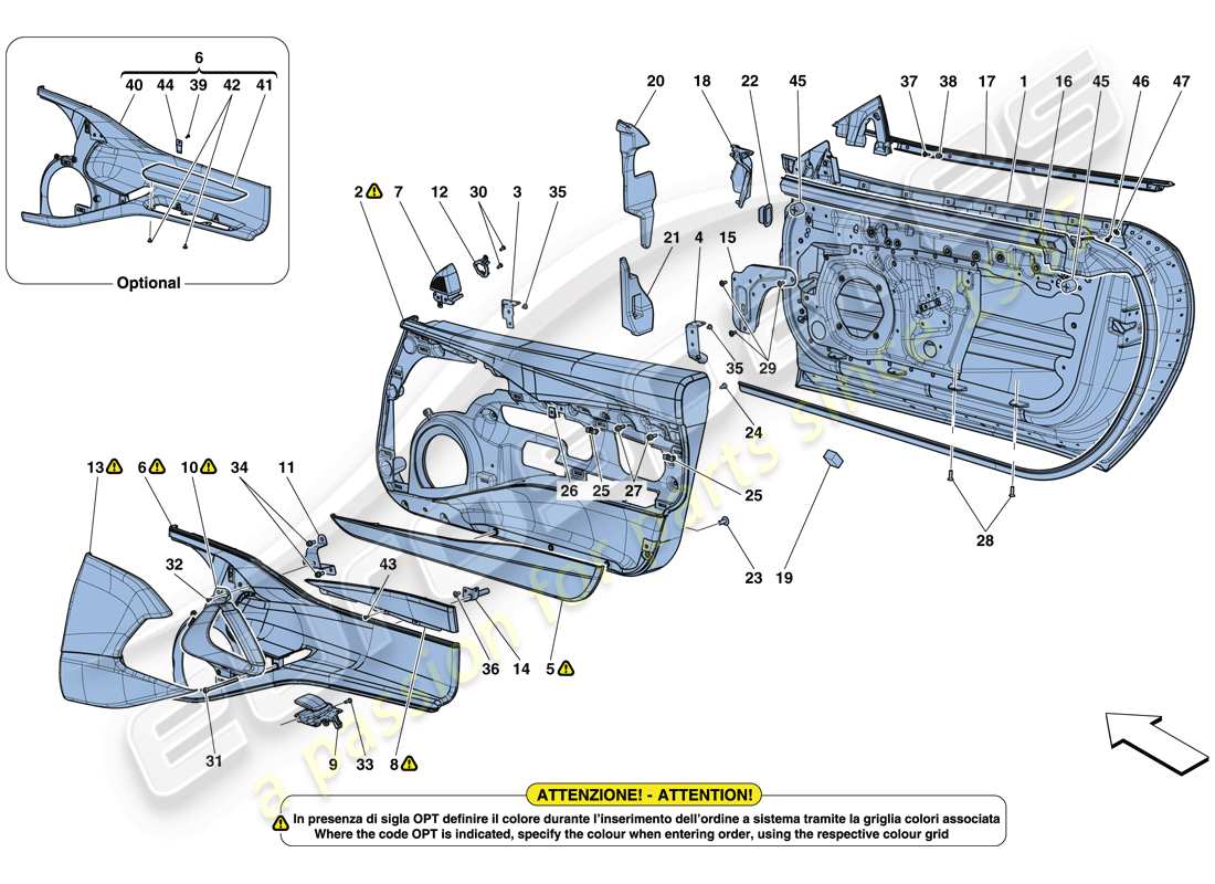 ferrari 812 superfast (rhd) portes - sous-structure et garniture schéma des pièces