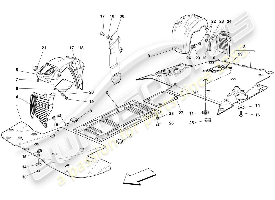 ferrari f430 scuderia (rhd) sous-travail plat et passages de roue schéma des pièces