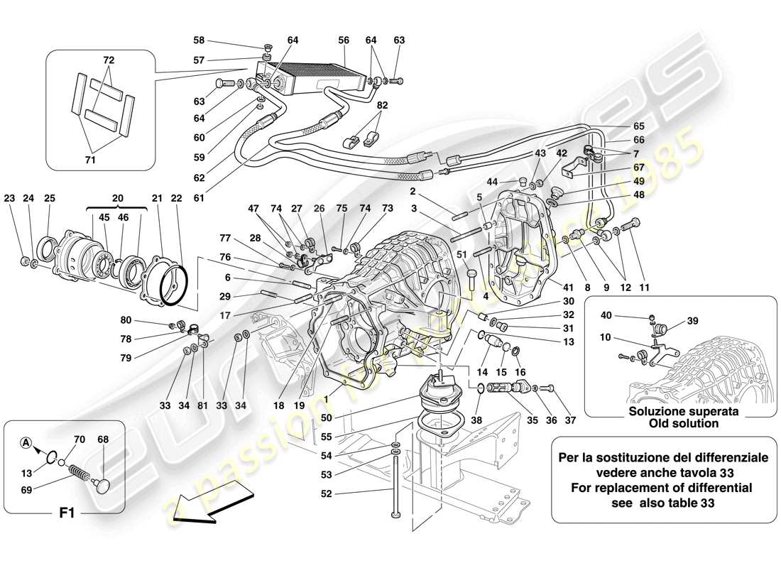ferrari 599 gtb fiorano (rhd) carter différentiel et radiateur de refroidissement de boîte de vitesses schéma des pièces