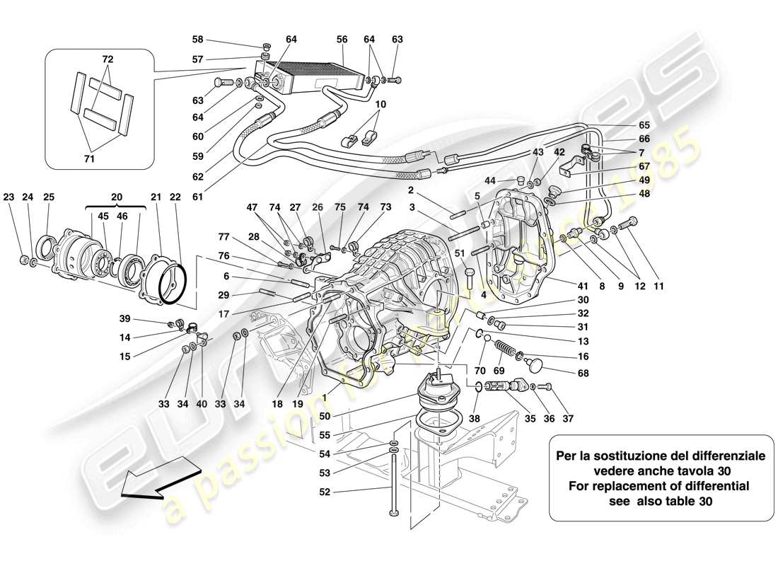 ferrari 599 sa aperta (rhd) carter de différentiel et radiateur de refroidissement de boite de vitesses schéma des pièces