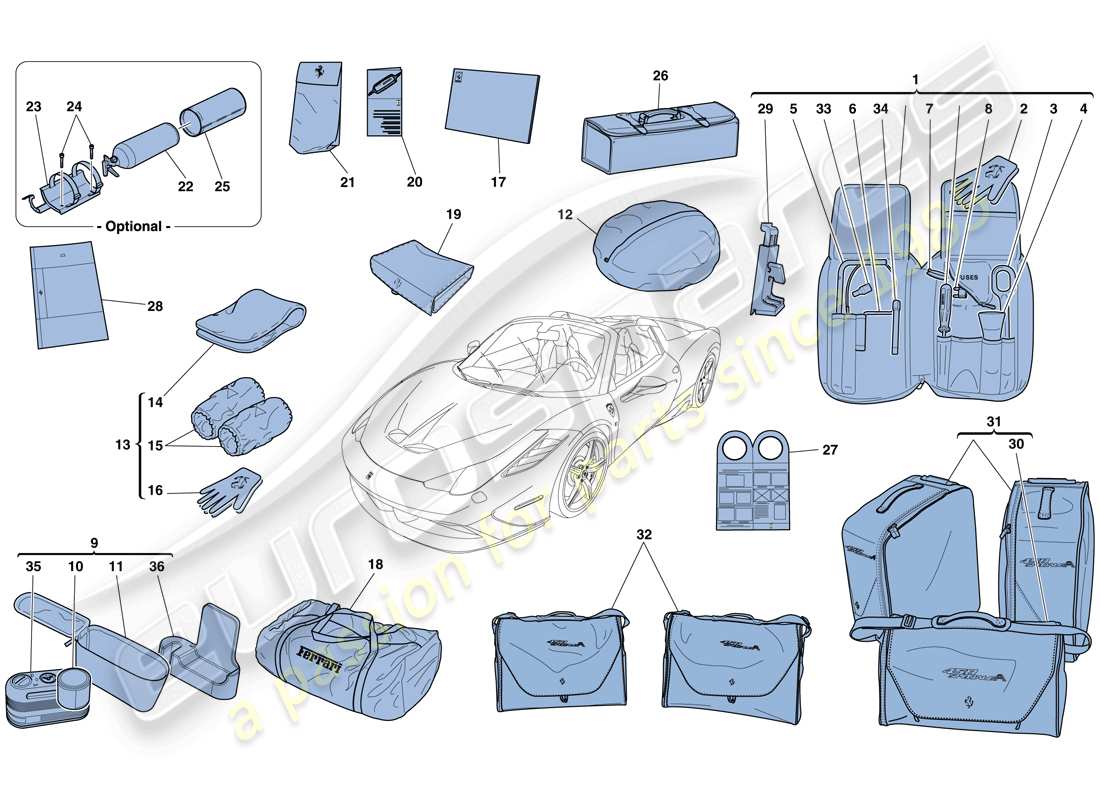 ferrari 458 speciale aperta (rhd) outils et accessoires fournis avec le véhicule schéma des pièces