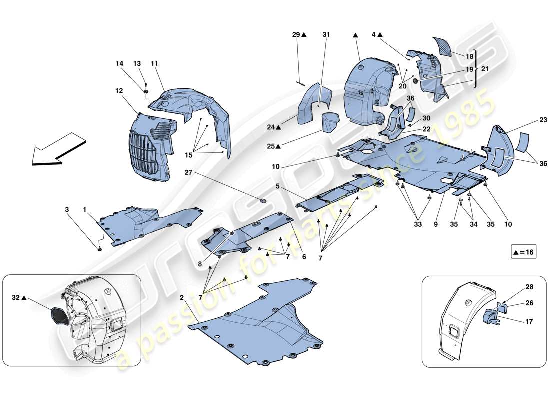 ferrari 458 spider (rhd) sous-travail plat et passages de roue schéma des pièces