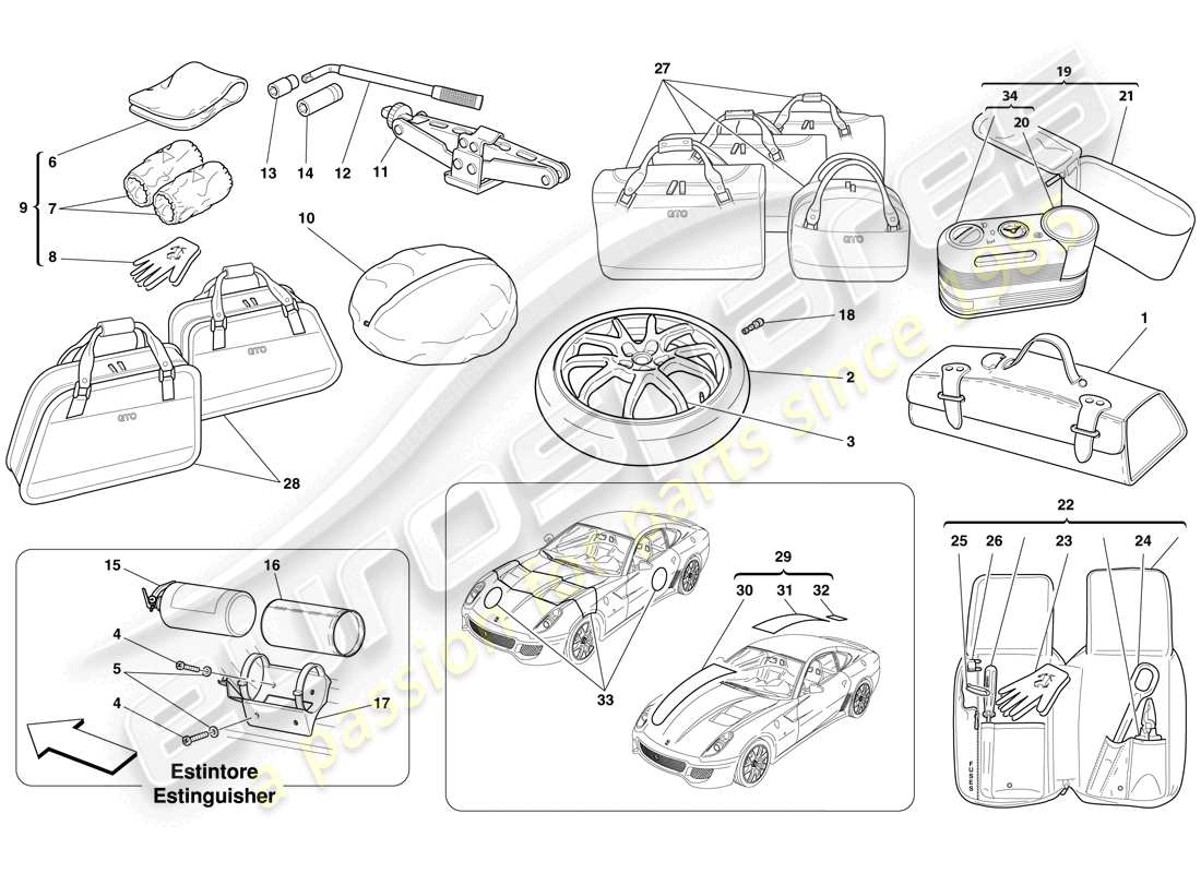 ferrari 599 gto (rhd) outils fournis avec le véhicule schéma des pièces