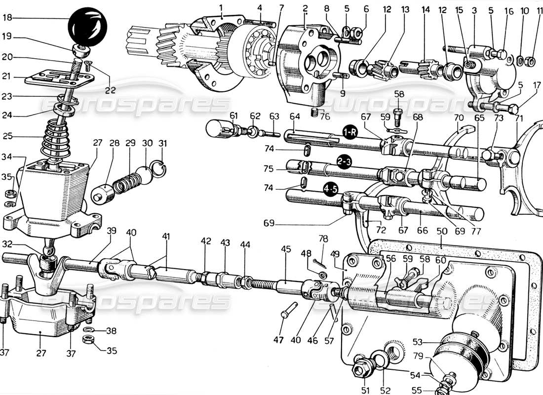 ferrari 365 gtb4 daytona (1969) commandes de boîte de vitesses et pompe à huile (révision 1974) schéma des pièces