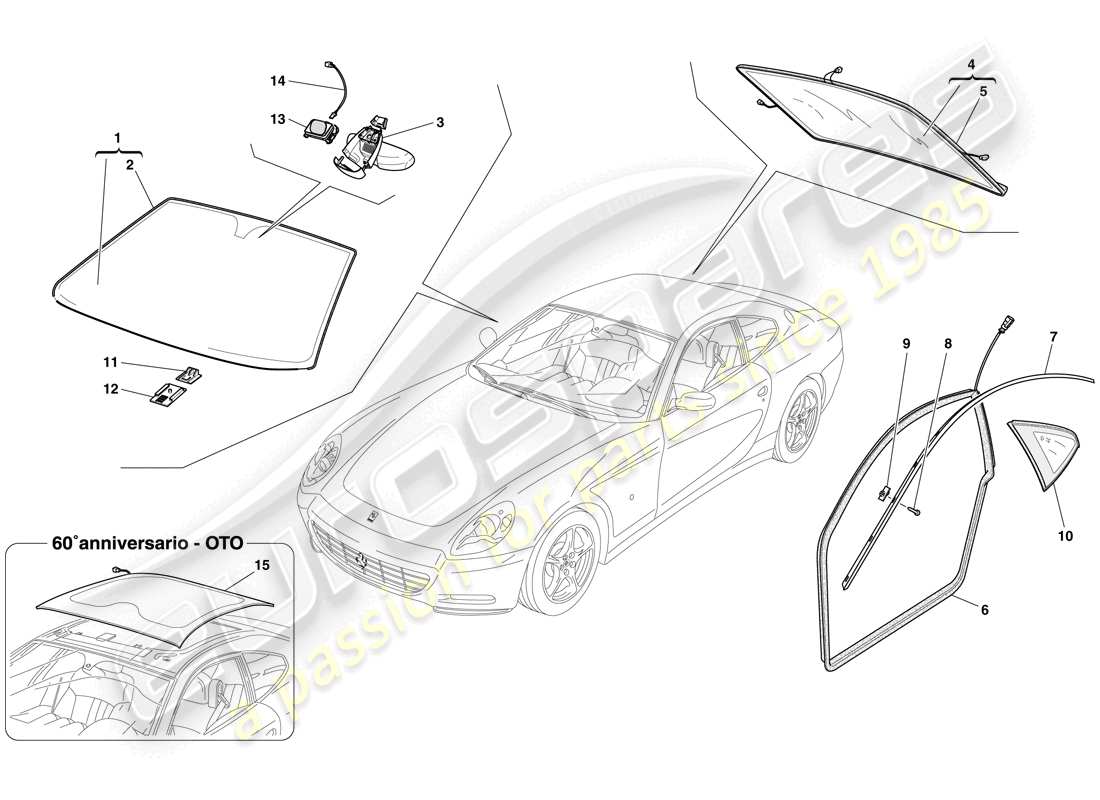 ferrari 612 sessanta (europe) écrans, fenêtres et joints schéma des pièces