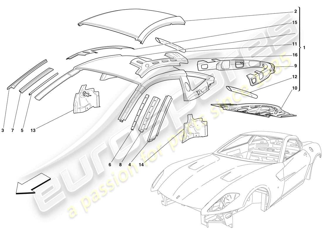 ferrari 599 gtb fiorano (usa) carrosserie - toit schéma des pièces