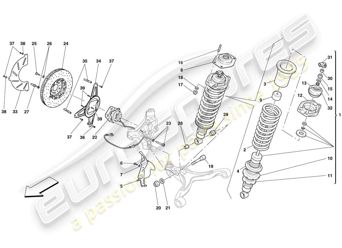 ferrari 599 gto (rhd) suspension avant - amortisseur et disque de frein schéma des pièces