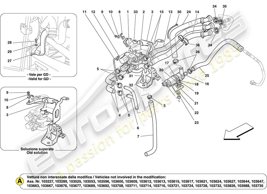 ferrari california (rhd) unité ac : composants dans le compartiment moteur schéma des pièces