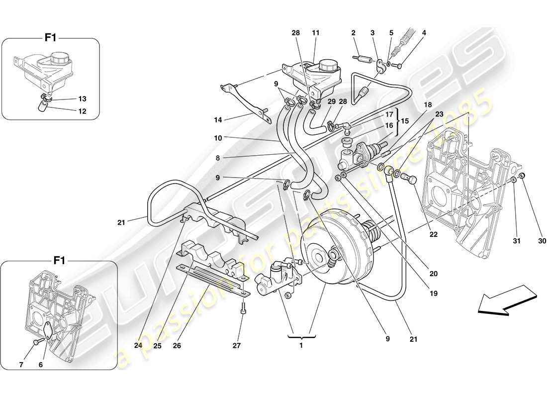 ferrari f430 coupe (rhd) commandes hydrauliques de frein et d'embrayage schéma des pièces