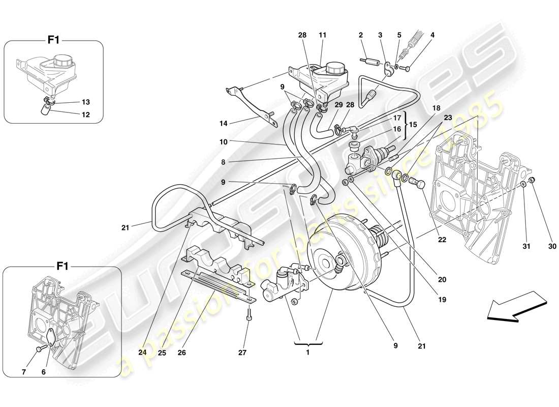 ferrari f430 spider (rhd) commandes hydrauliques de frein et d'embrayage schéma des pièces